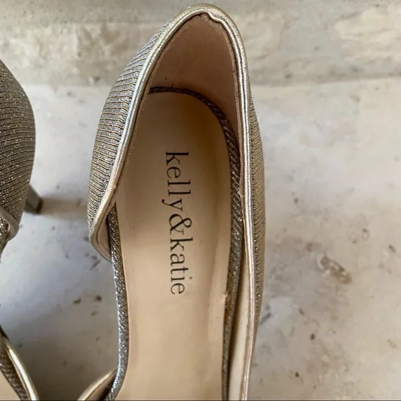 Kelly & Katie Peep Toe Open Side Wedding Gold Silver Sparkle Heels SZ 6 - Picture 4 of 8
